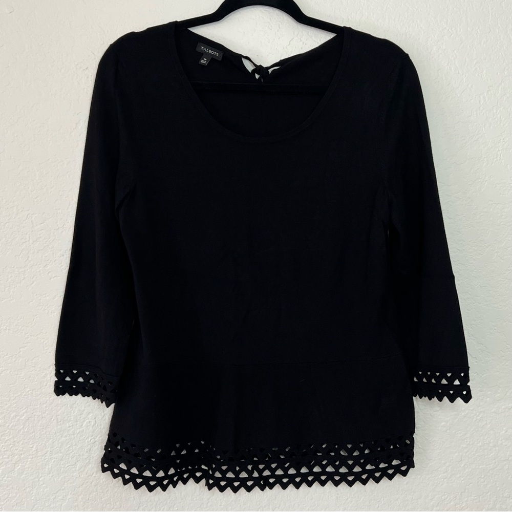 Talbots Black Sweater 3/4 Sleeve Gingham‎ Cut Out Tie Neck Dressy Women’s Medium